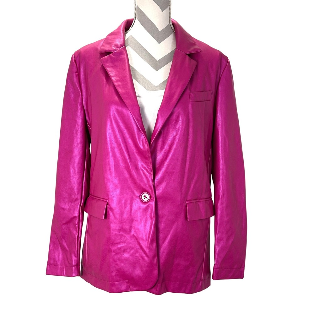 VIGOSS Pink Metallic Faux Leather Blazer Jacket Size S‎ Single Button Lapel